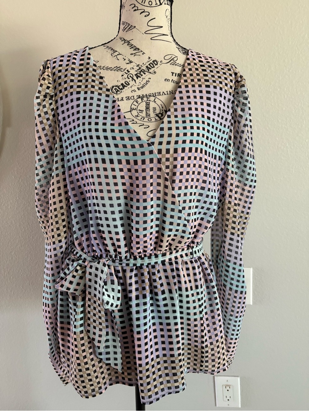 Calvin Klein Lavender Grid Wrap Top with Pastel Accents